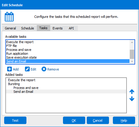 The Edit Schedule dialog box after adding the Bursting task.